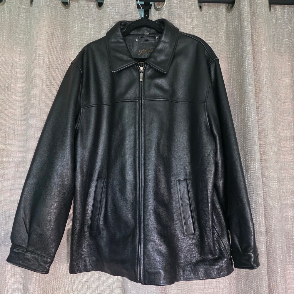 St Johns Bay Mens Black Leather Bomber Jacket XL Quilted Moto Biker Y2K Vtg
